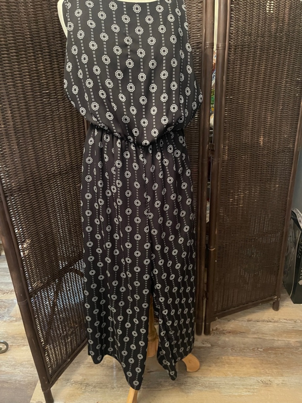 Everly Black Printed Wide-Leg Romper with Geometric Motif
